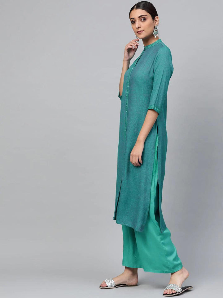 Blue Embroidered Rayon Kurta Set