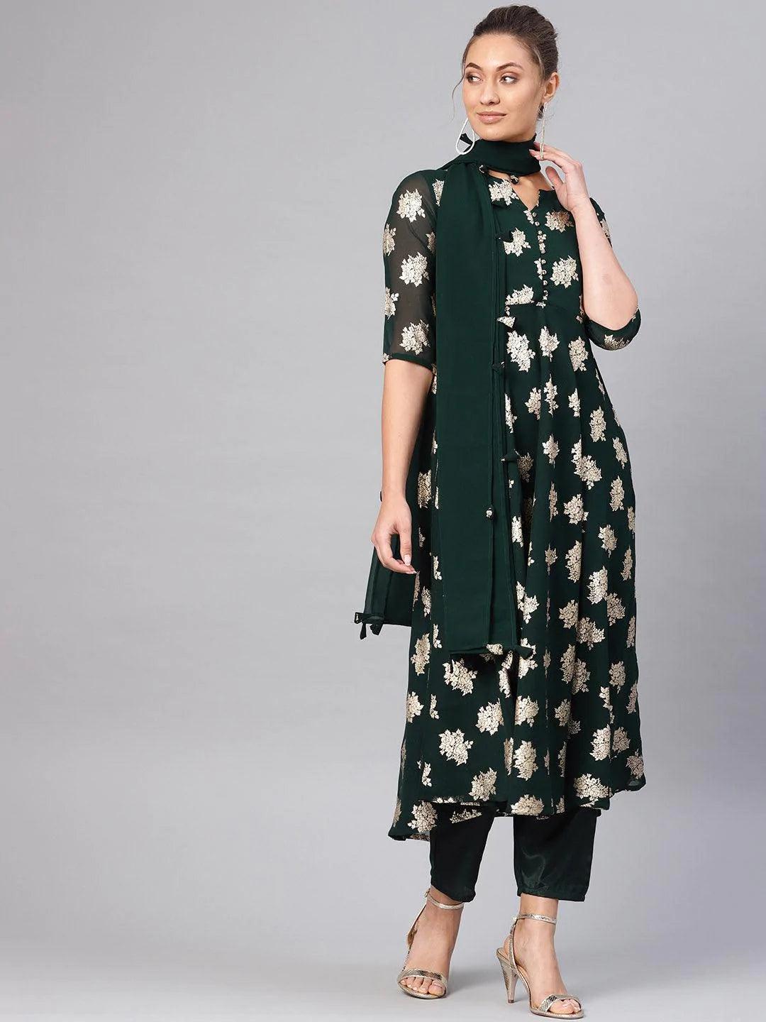 Green Printed Georgette Suit Set - ShopLibas