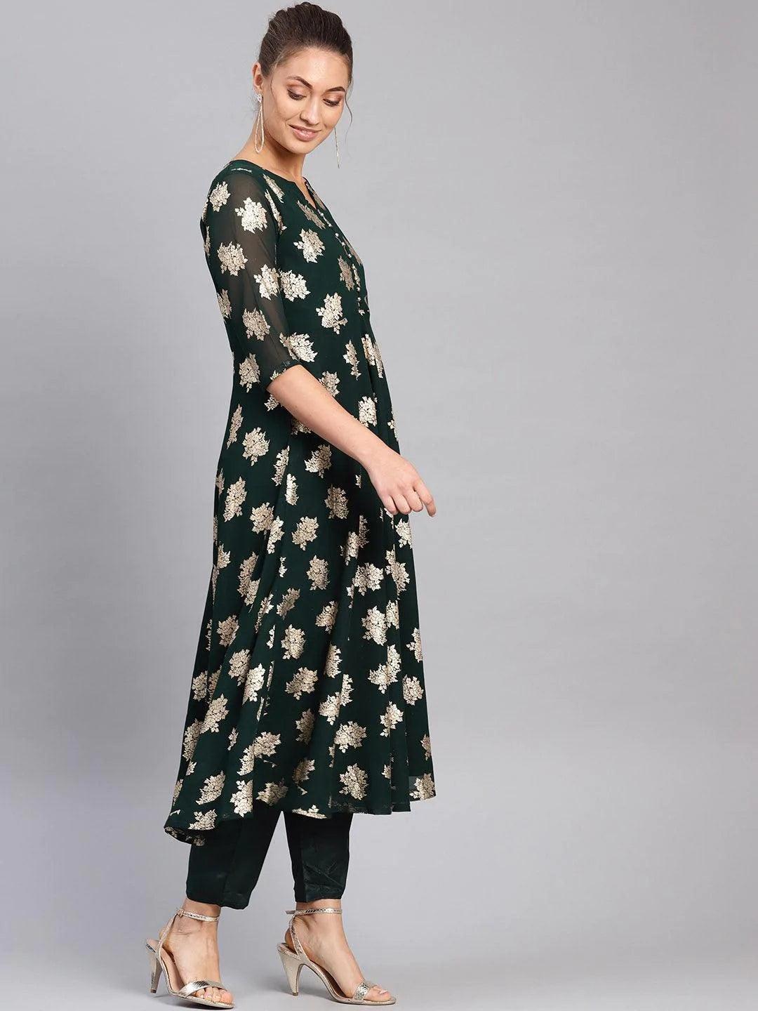Green Printed Georgette Suit Set - ShopLibas