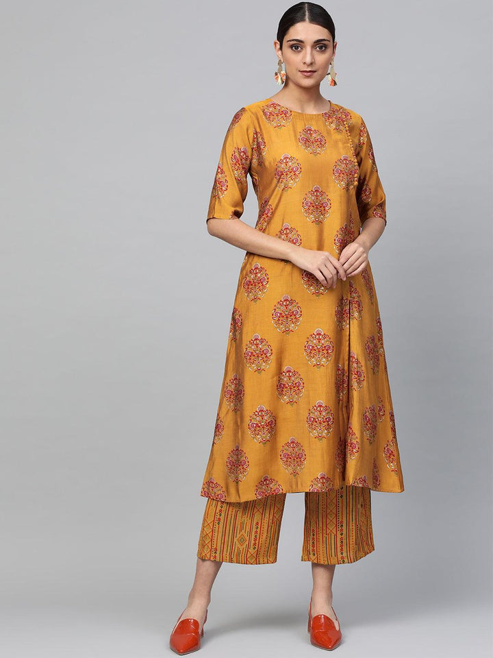 Yellow Printed Polyester Kurta Set