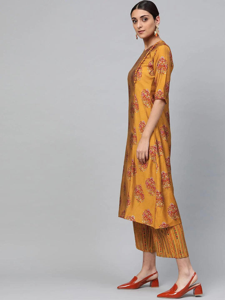 Yellow Printed Polyester Kurta Set