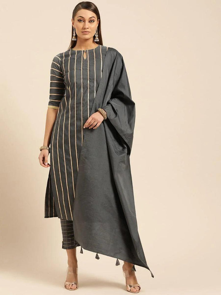 Charcoal Grey Self Design Chanderi Suit Set