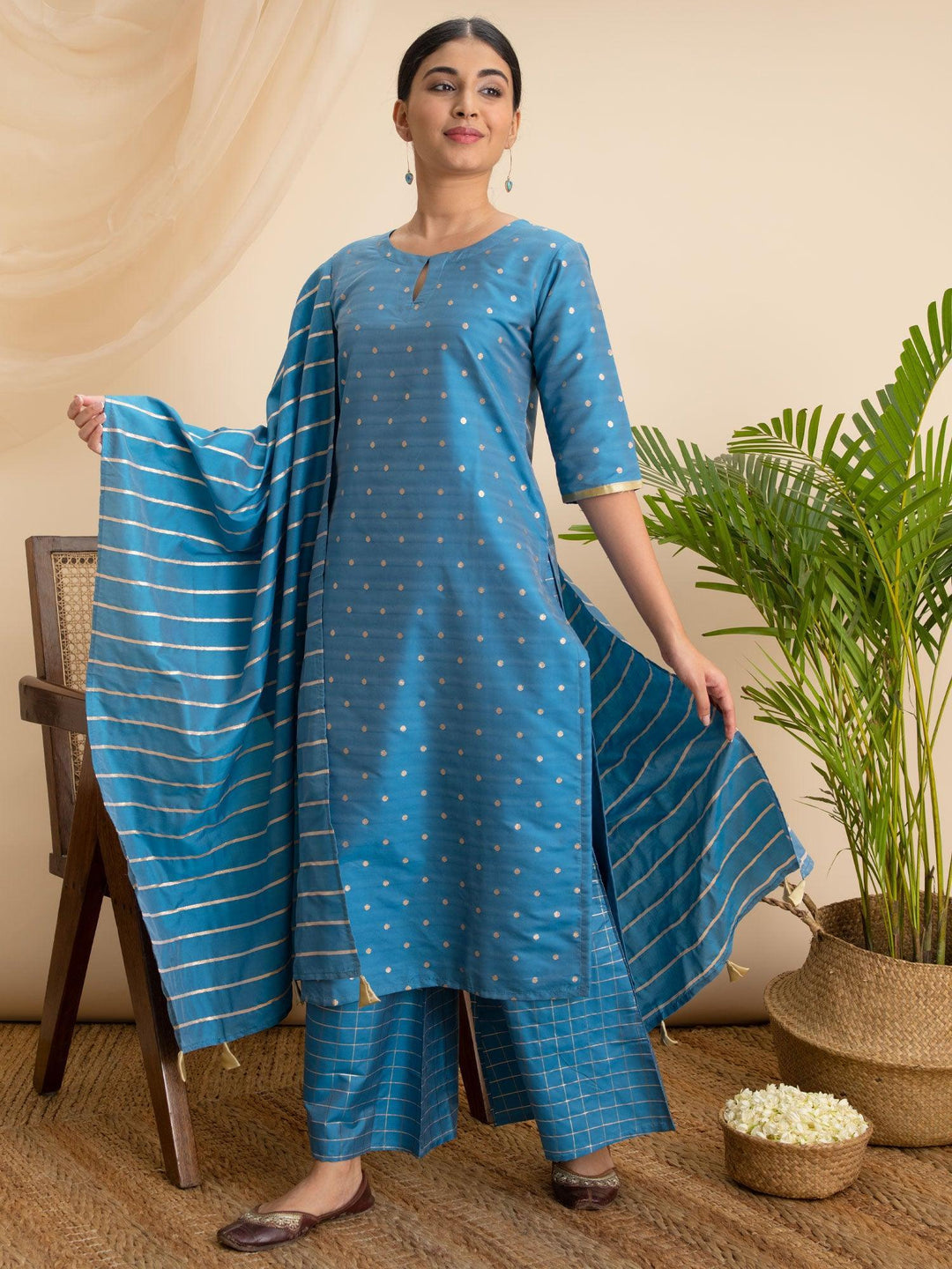 Blue Zari Work Chanderi Suit Set - ShopLibas