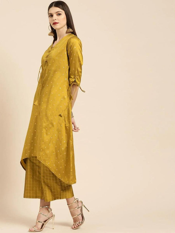 Mustard Self Design Silk Kurta Set