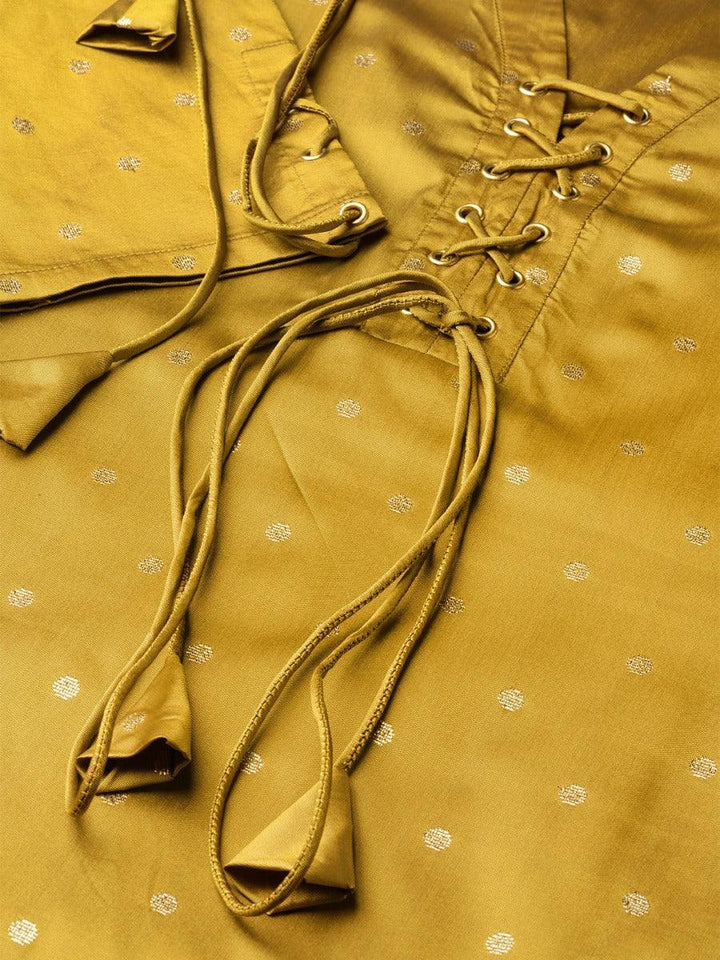 Mustard Self Design Silk Kurta Set