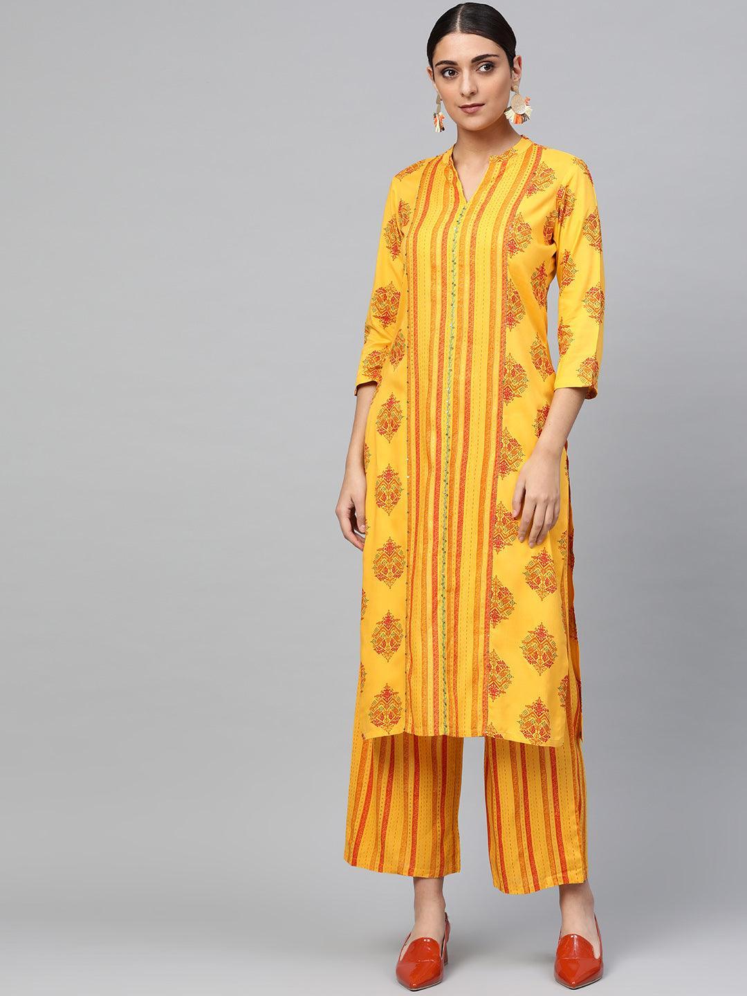 Yellow Printed Rayon Kurta Set - ShopLibas