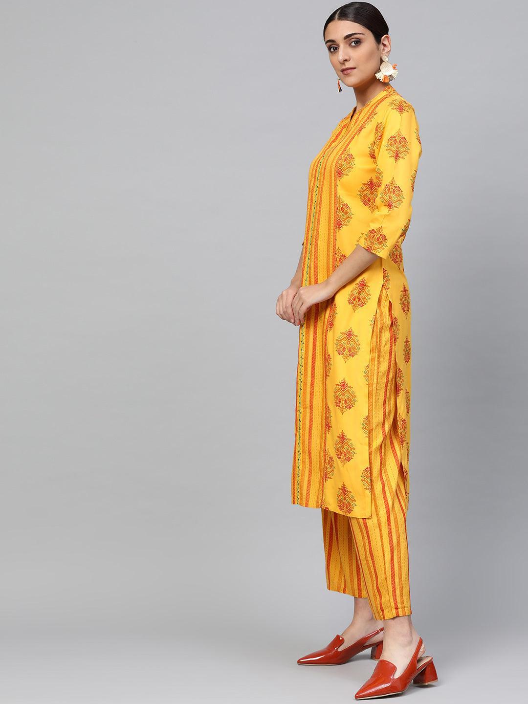 Yellow Printed Rayon Kurta Set - ShopLibas