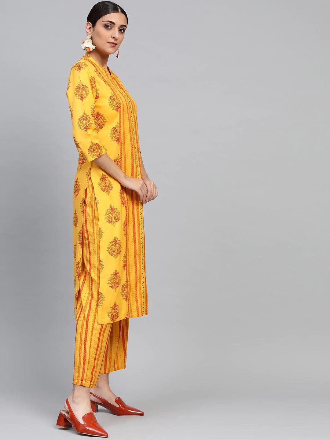 Yellow Printed Rayon Kurta Set - ShopLibas