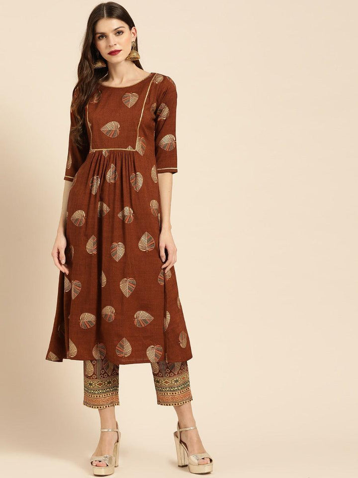 Brown Printed Rayon Kurta Set