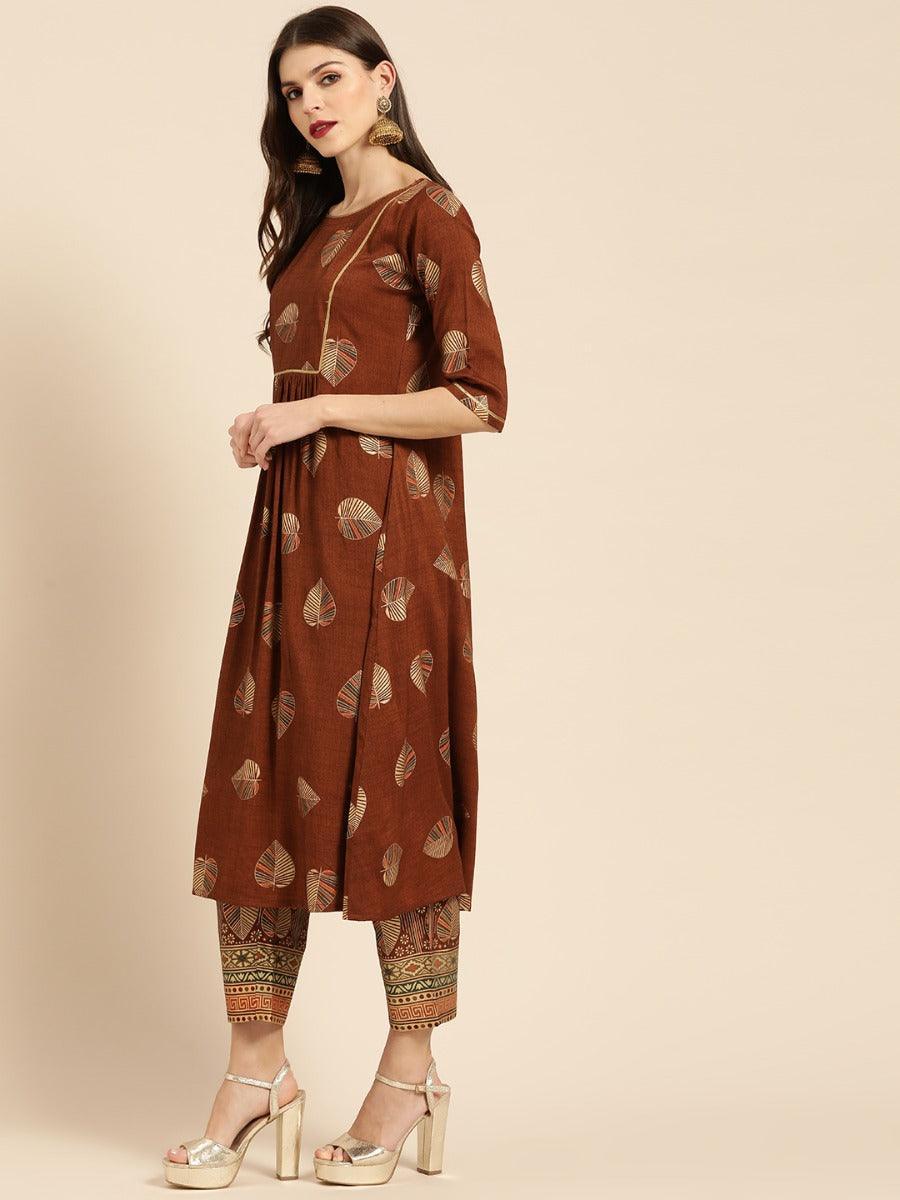 Brown Printed Rayon Kurta Set - ShopLibas