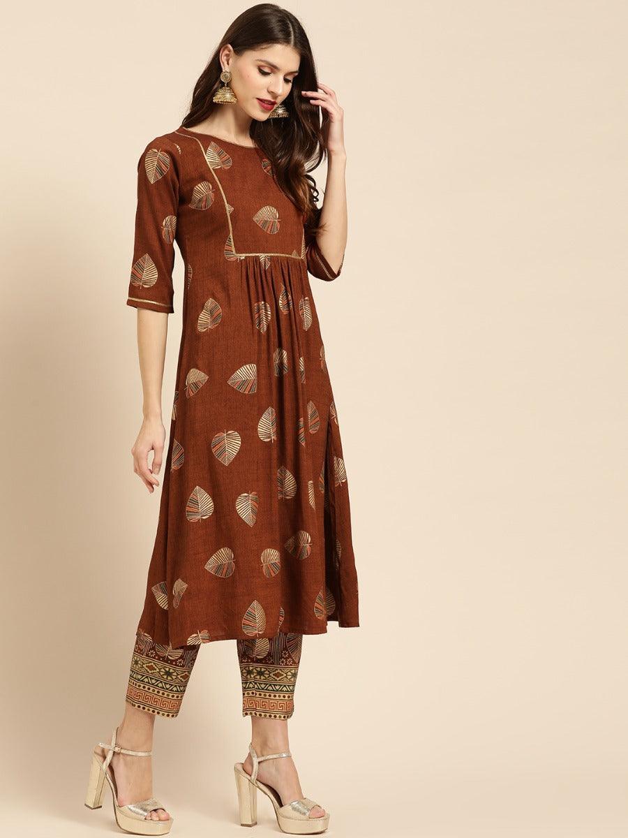 Brown Printed Rayon Kurta Set - ShopLibas