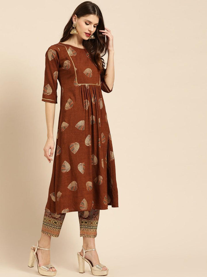Brown Printed Rayon Kurta Set