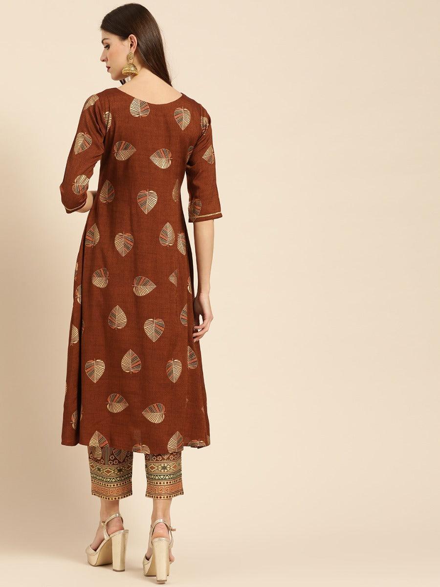 Brown Printed Rayon Kurta Set - ShopLibas