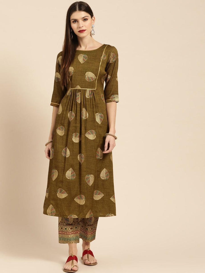 Olive Green Printed Rayon Kurta Set