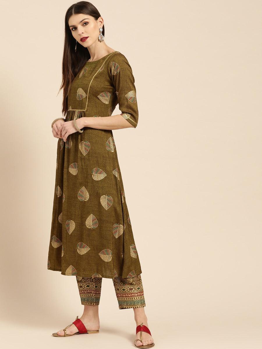 Olive Green Printed Rayon Kurta Set - ShopLibas