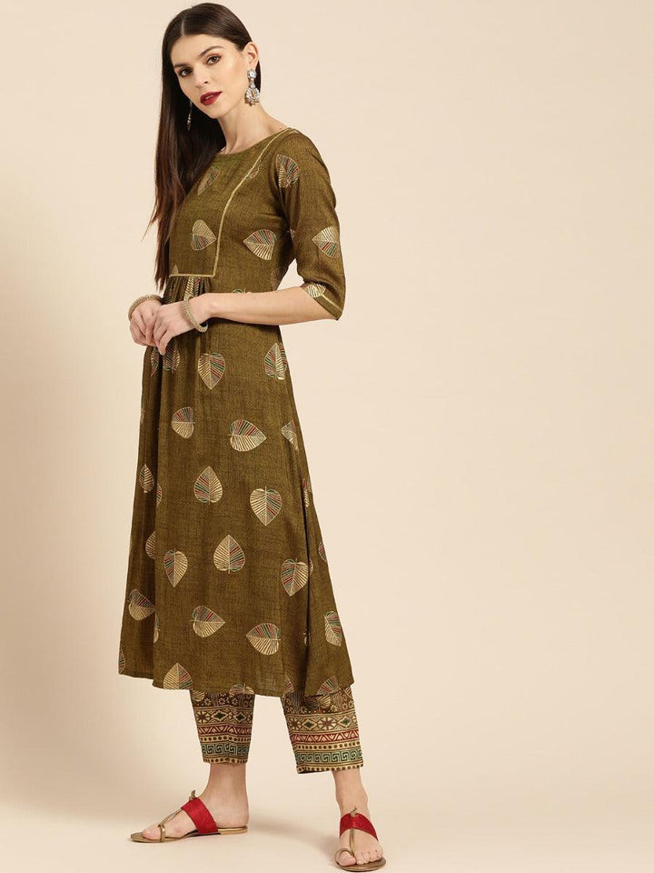 Olive Green Printed Rayon Kurta Set