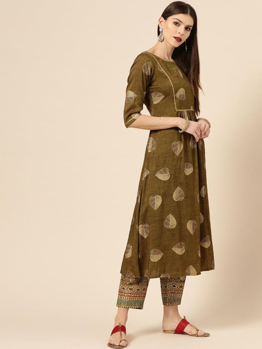 Olive Green Printed Rayon Kurta Set - ShopLibas