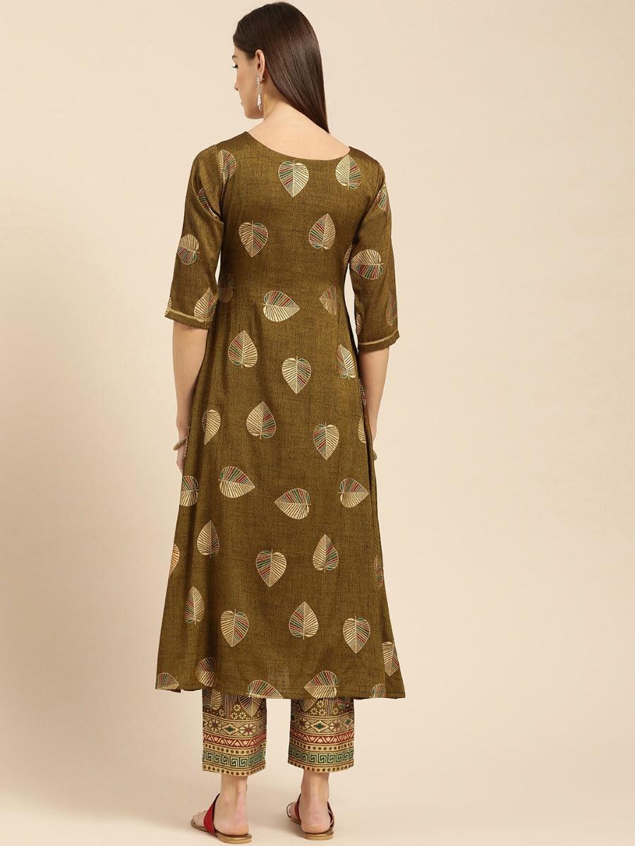 Olive Green Printed Rayon Kurta Set - ShopLibas