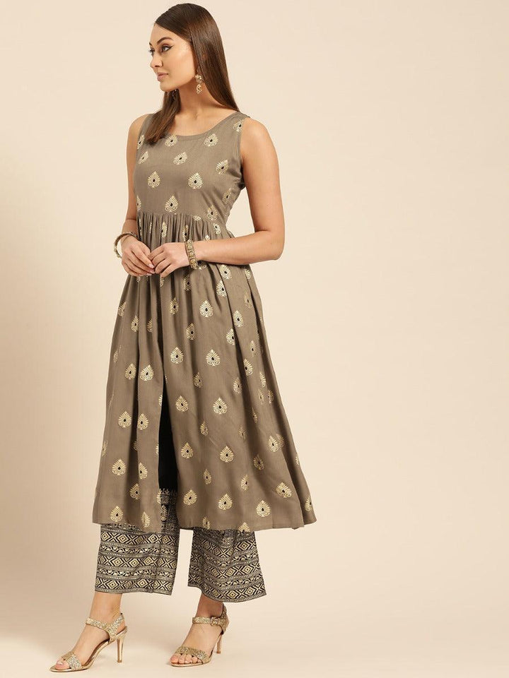 Taupe Printed Rayon Kurta Set