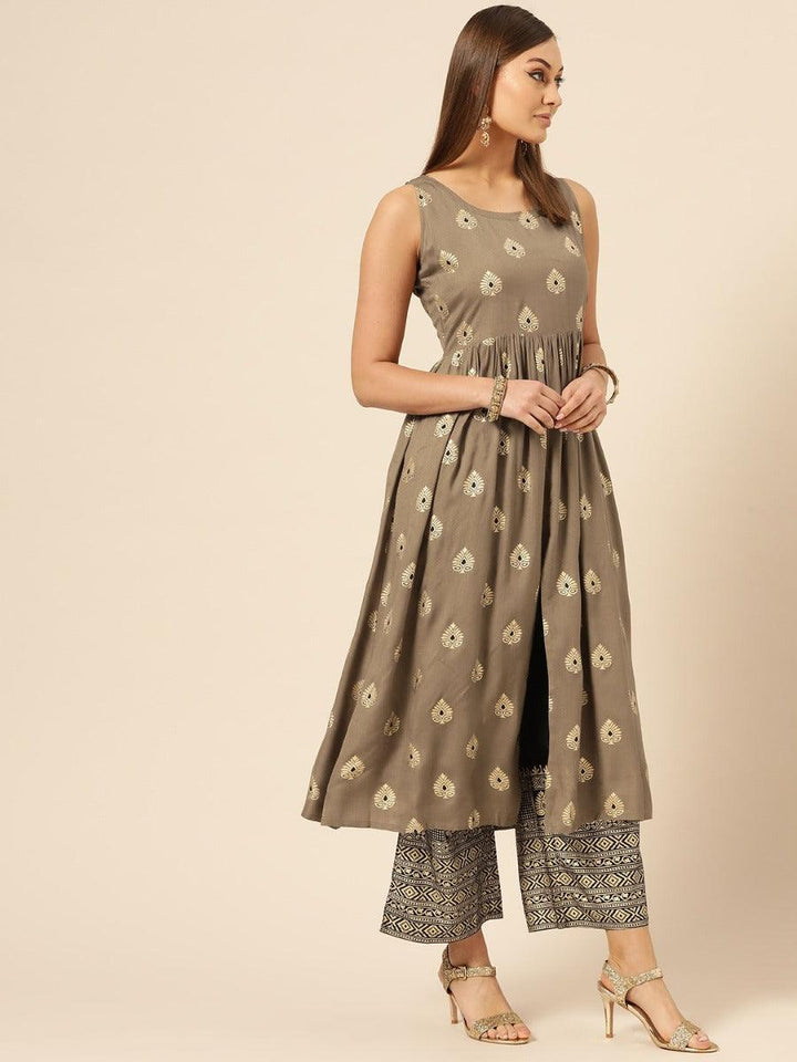Taupe Printed Rayon Kurta Set