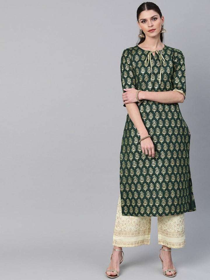Green Printed Cotton Kurta Set