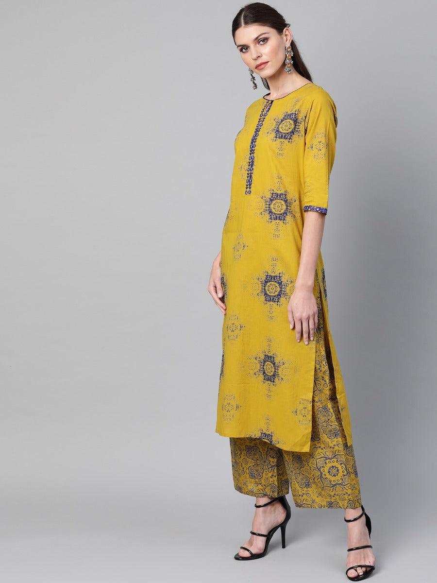 Mustard Printed Cotton Suit Set - ShopLibas