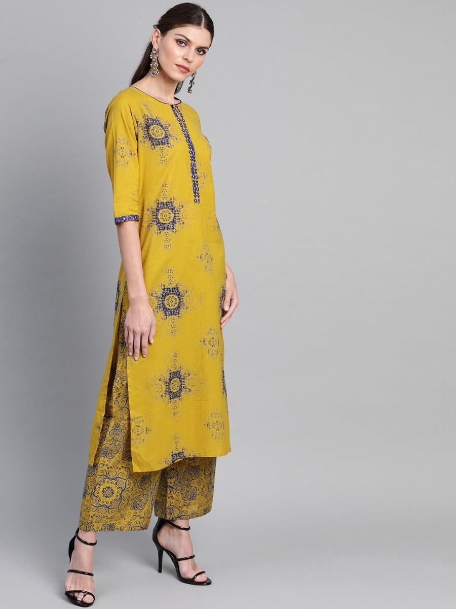 Mustard Printed Cotton Suit Set - ShopLibas