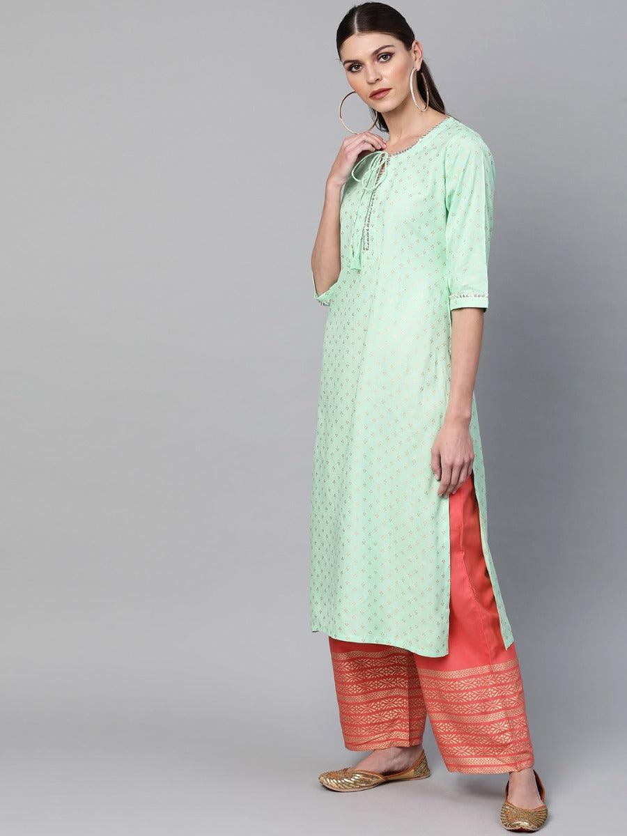 Sea Green Printed Rayon Kurta Set - ShopLibas