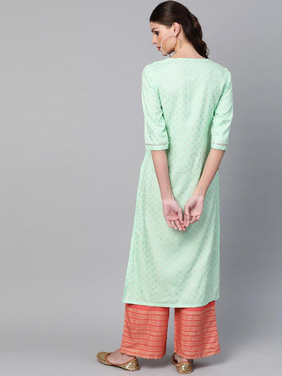 Sea Green Printed Rayon Kurta Set - ShopLibas