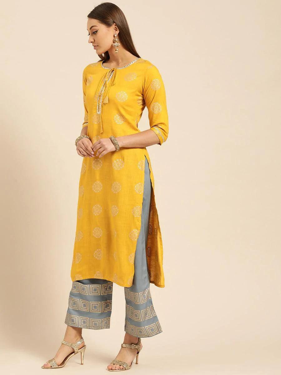 Mustard Printed Rayon Kurta Set - ShopLibas