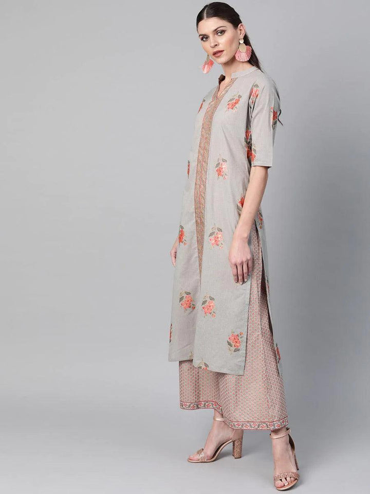 Grey Printed Cotton Kurta Set