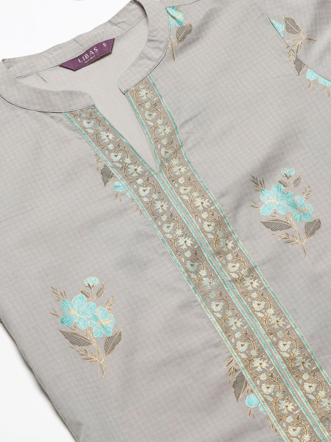 Grey Printed Cotton Kurta Set - ShopLibas
