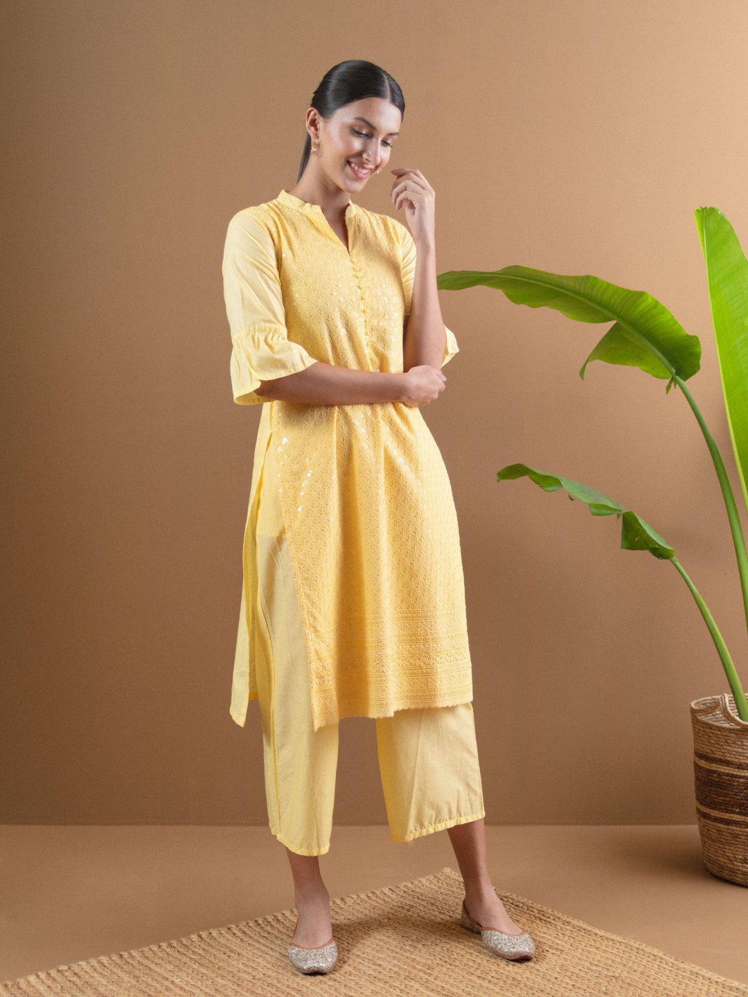 Yellow Schiffli Cotton Kurta Set - ShopLibas