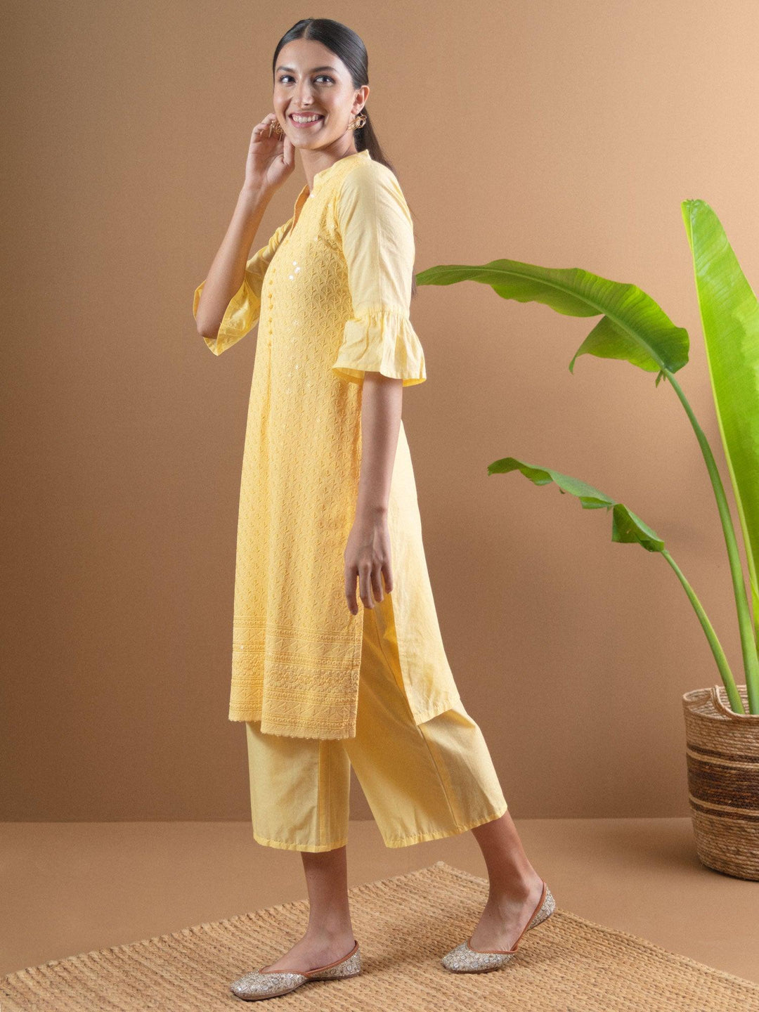 Yellow Schiffli Cotton Kurta Set - ShopLibas