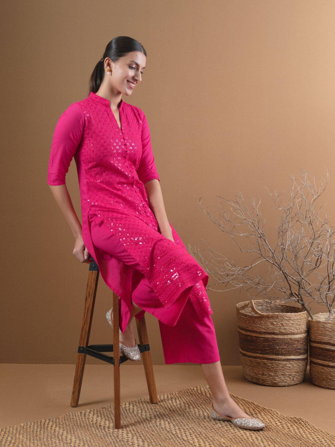 Pink Schiffli Cotton Kurta Set - ShopLibas