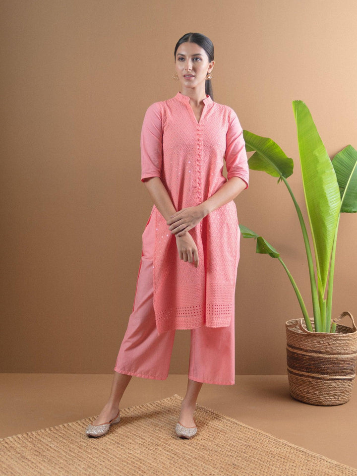 Pink Schiffli Cotton Kurta Set
