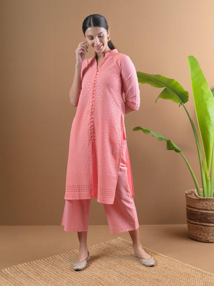 Pink Schiffli Cotton Kurta Set