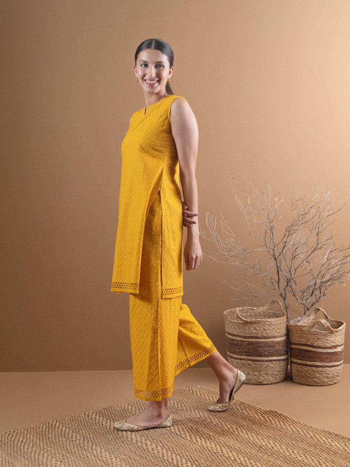 Yellow Schiffli Cotton Kurta Set