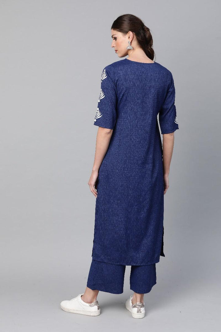 Blue Embroidered Rayon Kurta Set