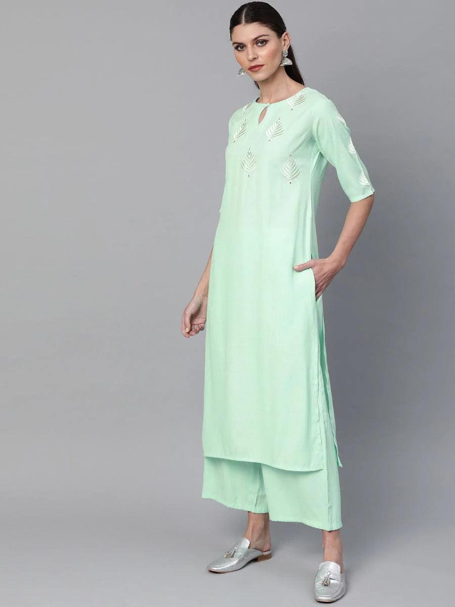 Sea Green Embroidered Rayon Kurta Set - ShopLibas