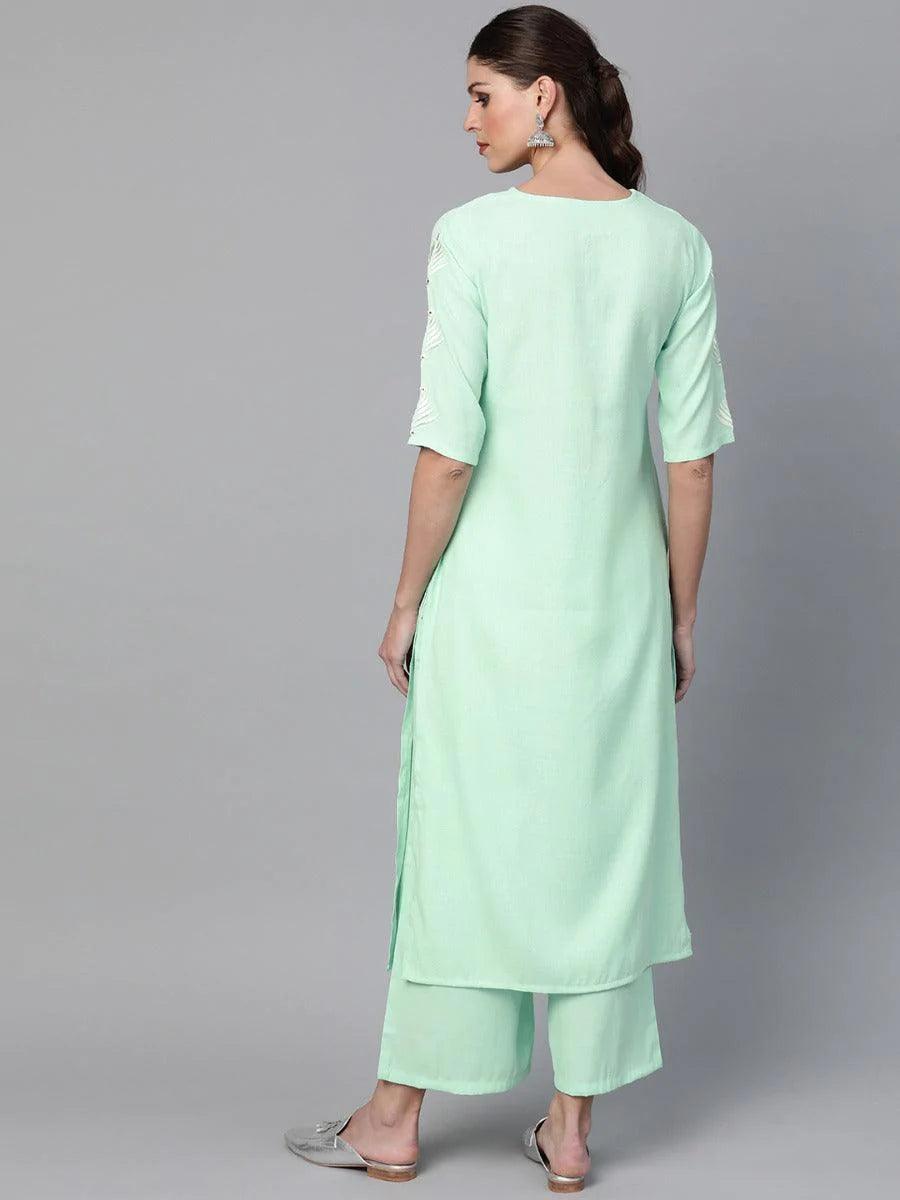 Sea Green Embroidered Rayon Kurta Set - ShopLibas