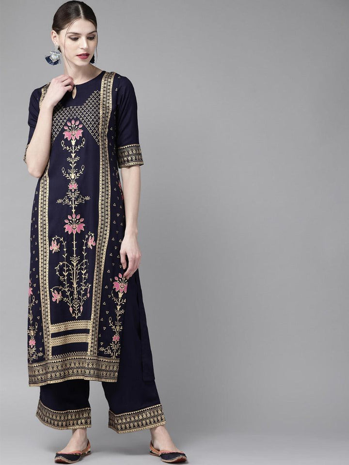Navy Blue Printed Rayon Kurta Set