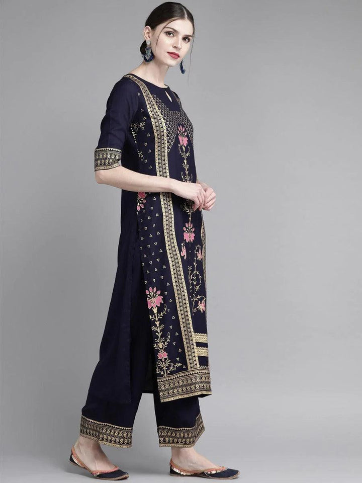 Navy Blue Printed Rayon Kurta Set