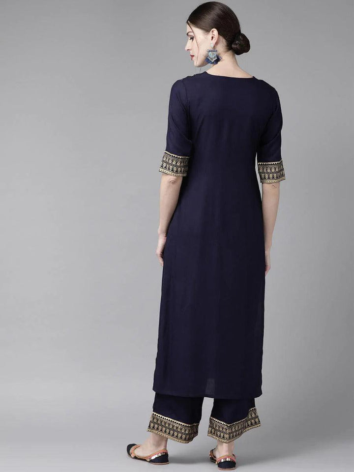 Navy Blue Printed Rayon Kurta Set