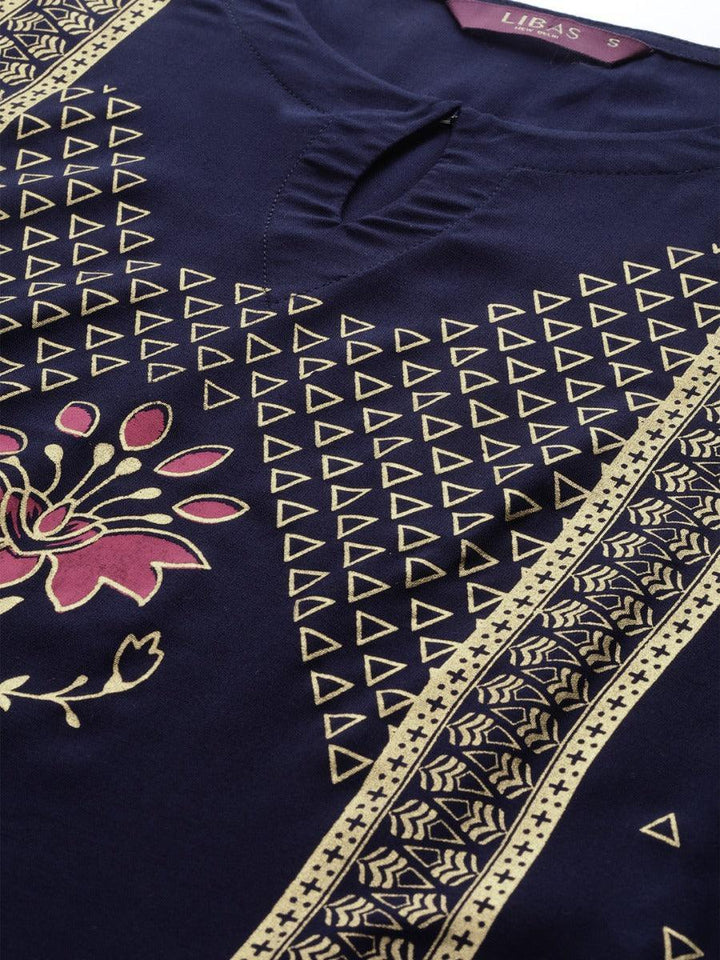 Navy Blue Printed Rayon Kurta Set
