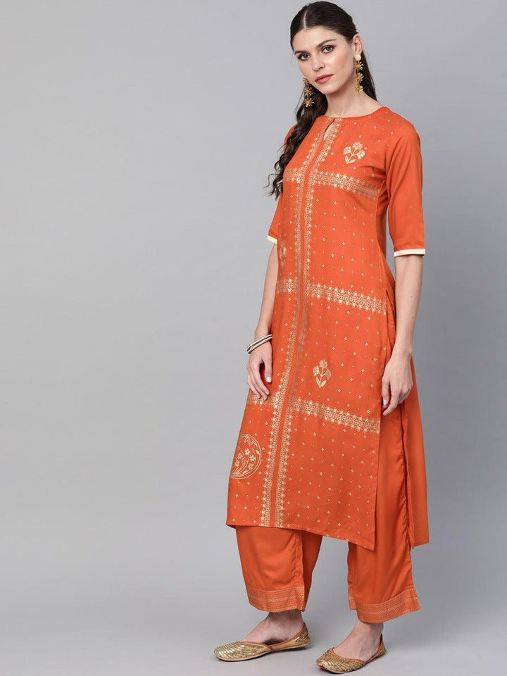 Rust Printed Rayon Kurta Set