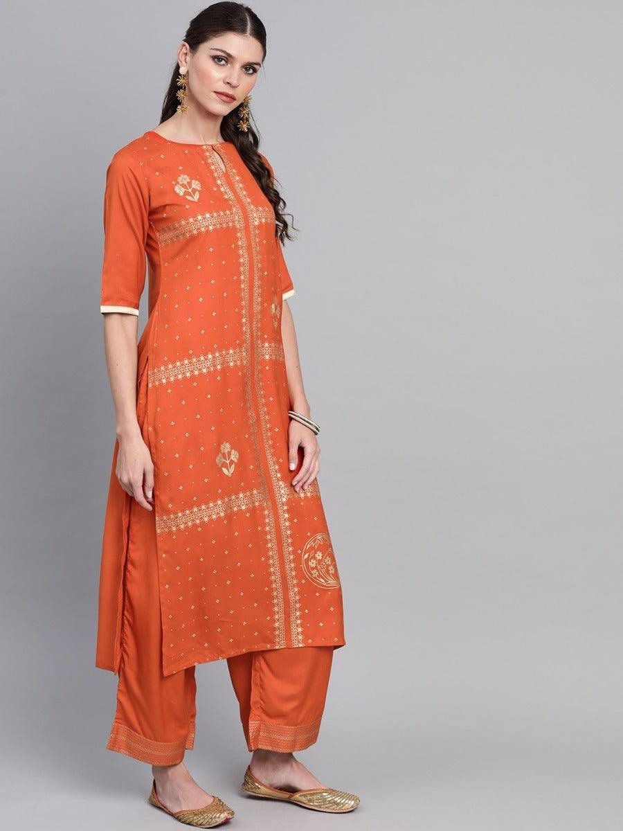 Rust Printed Rayon Kurta Set - ShopLibas