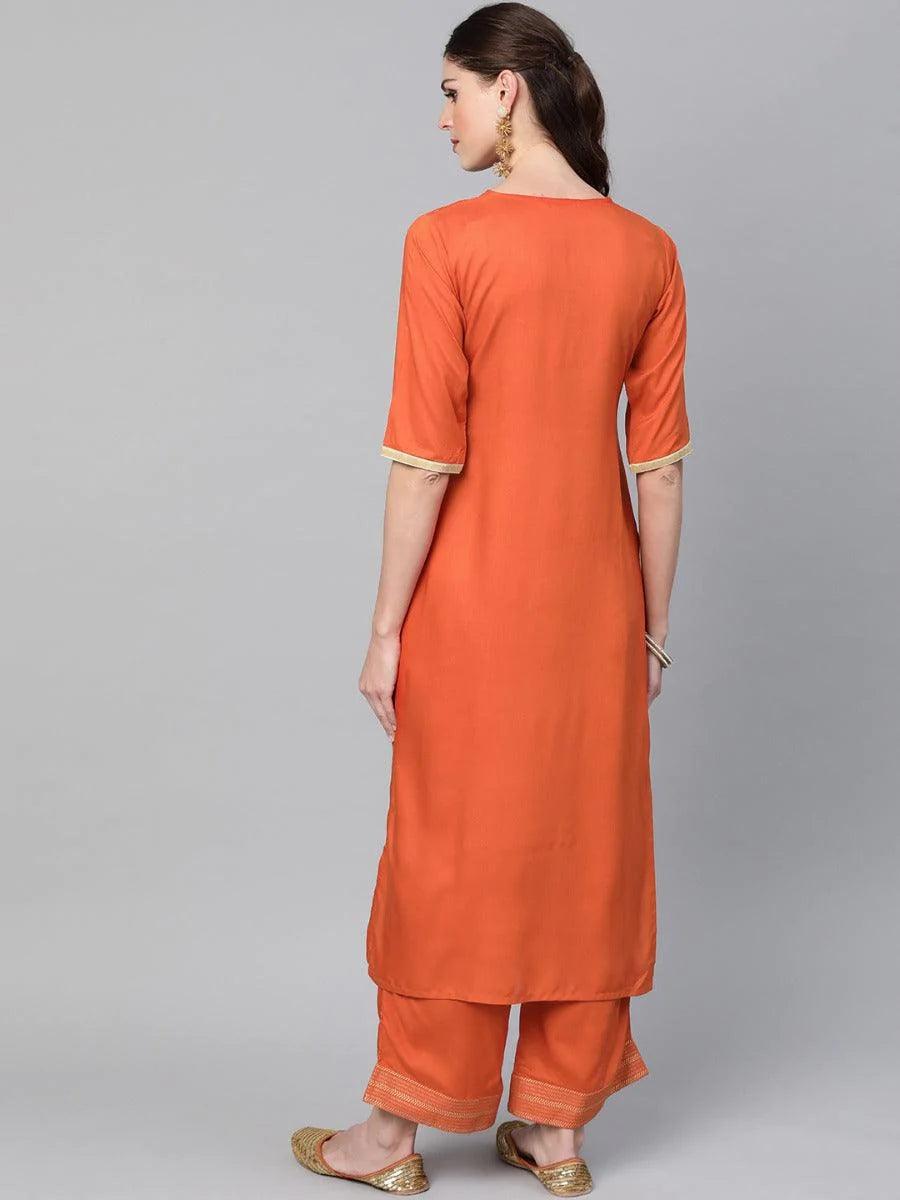 Rust Printed Rayon Kurta Set - ShopLibas