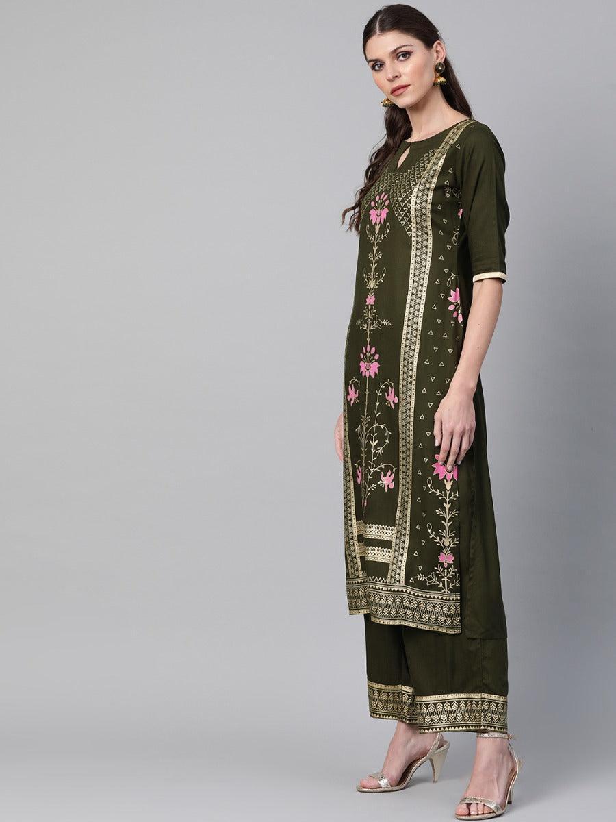 Olive Green Printed Rayon Kurta Set - ShopLibas