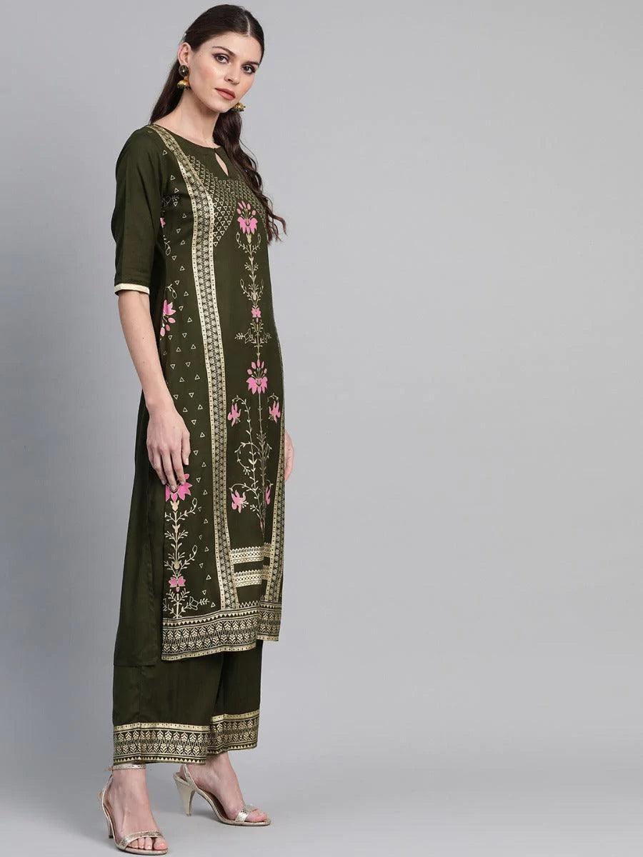 Olive Green Printed Rayon Kurta Set - ShopLibas